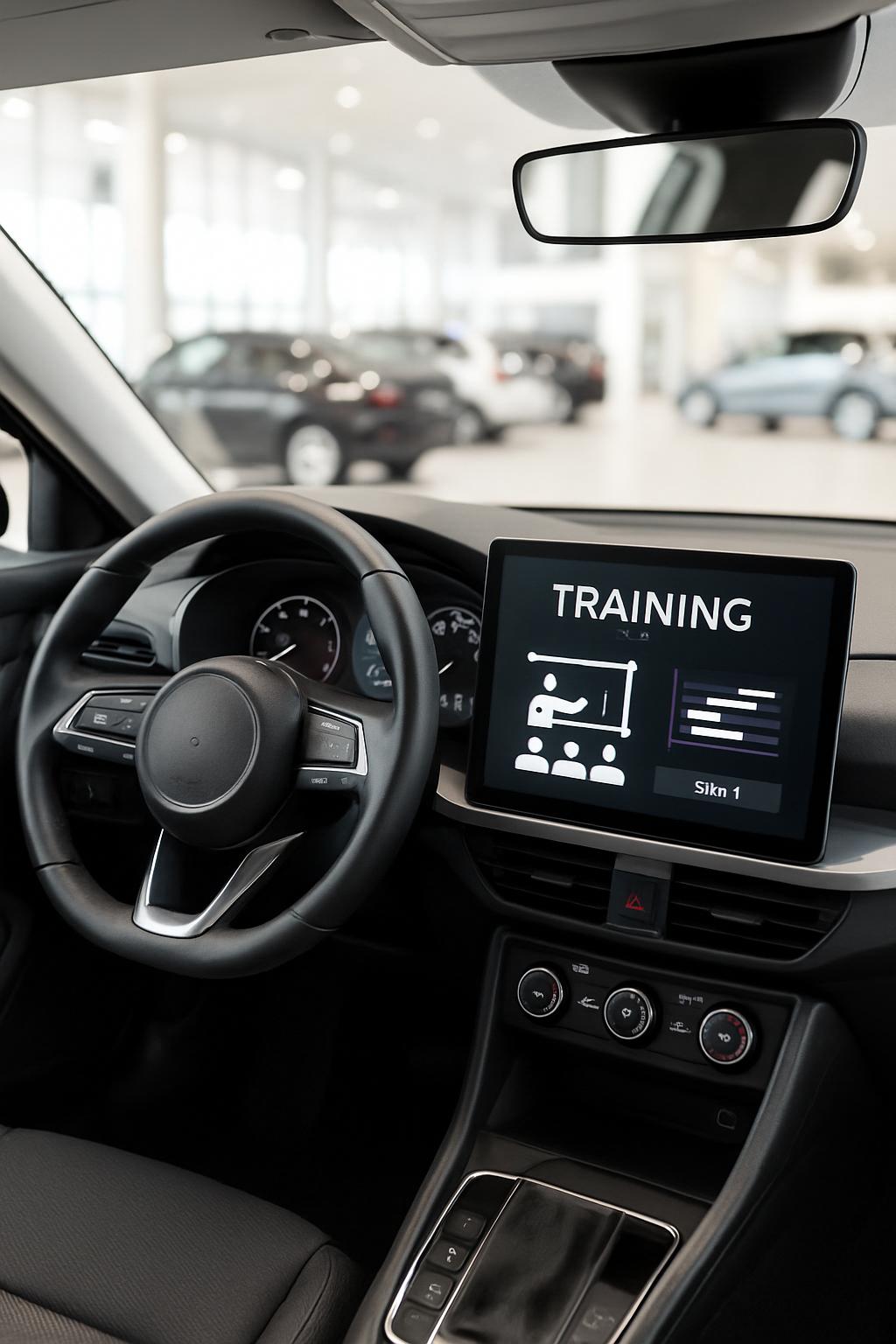 Auto dashboard screen displaying training icon, with automobiles seen through windshield.
