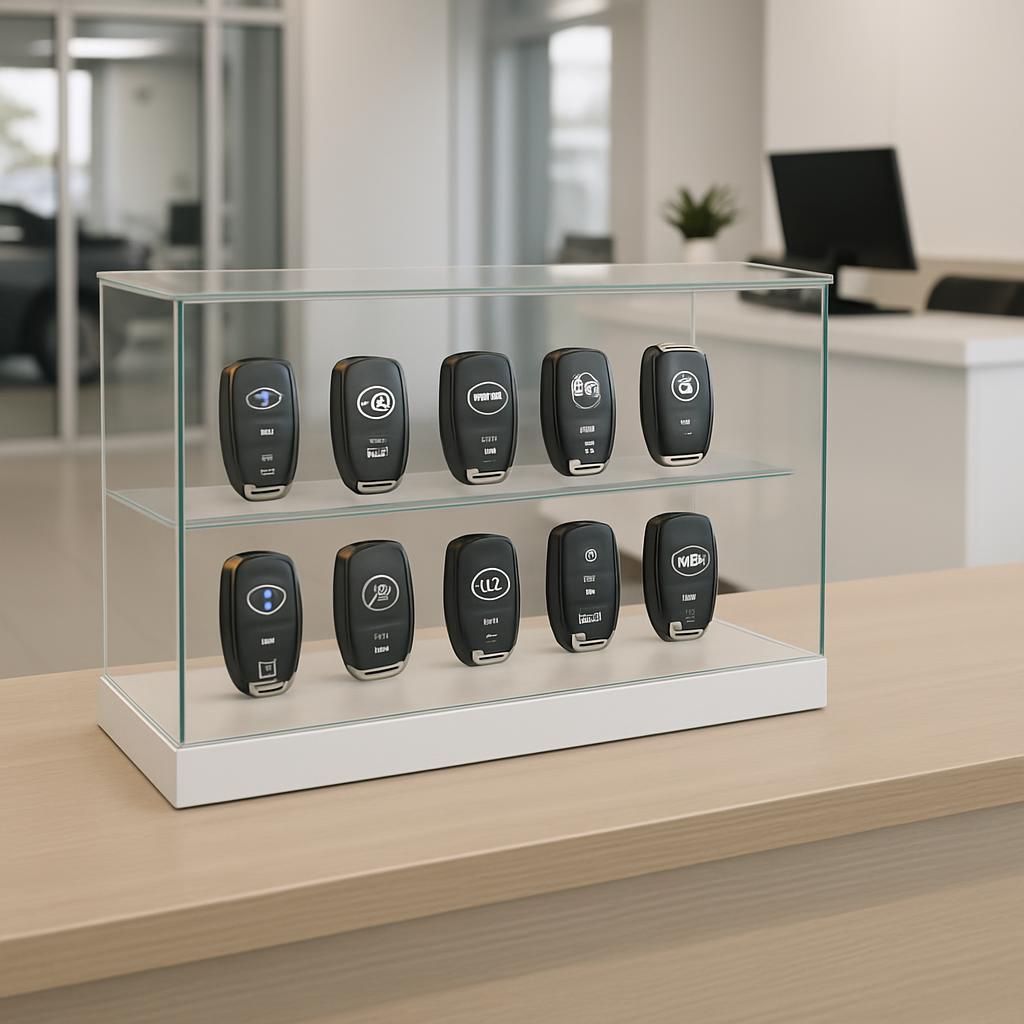 A display case containing ten black key fobs facing forward on two tiers within a transparent glass case. The key fobs, al...