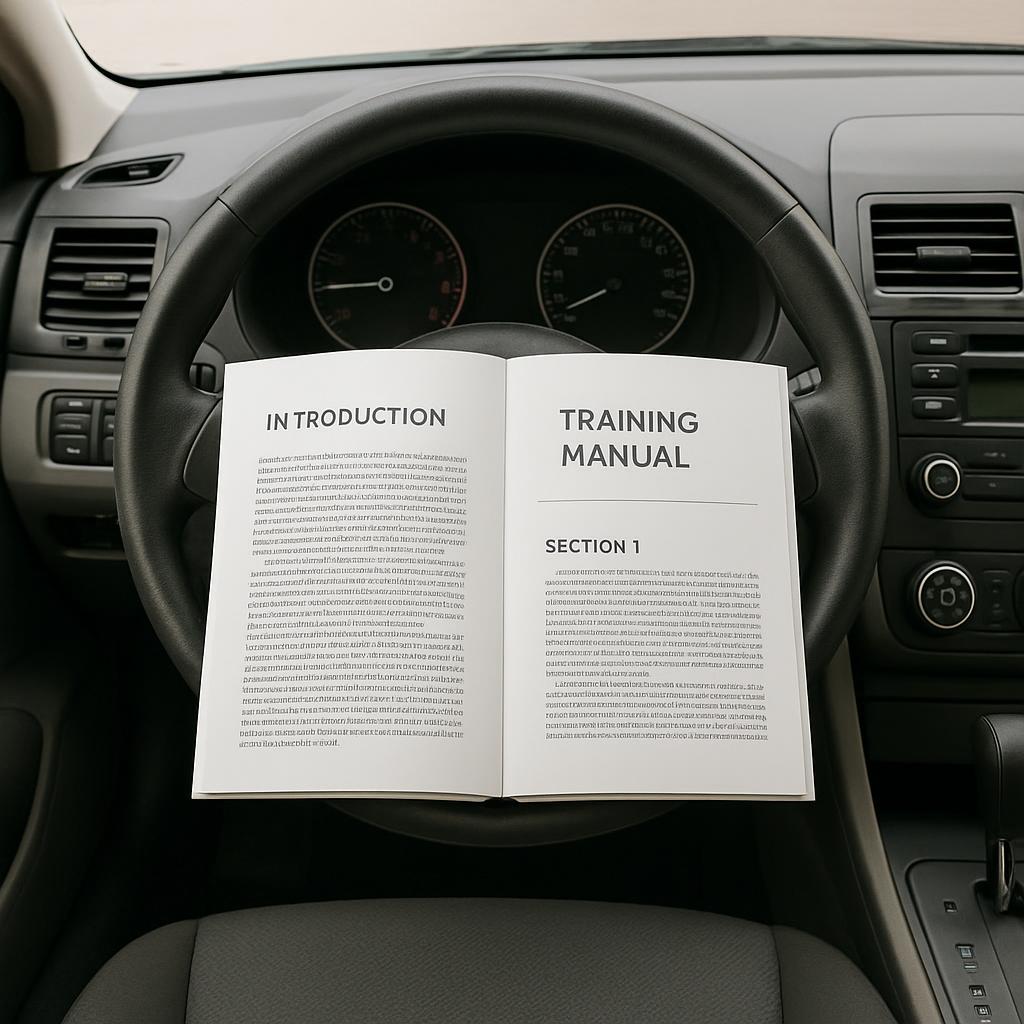A close-up image of the interior of a car, with a training manual opened on the steering wheel.