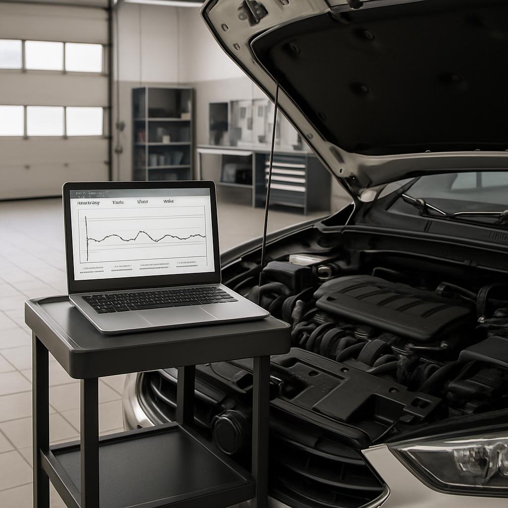 a silver laptop on a black table in a garage with an open hood showing car engine