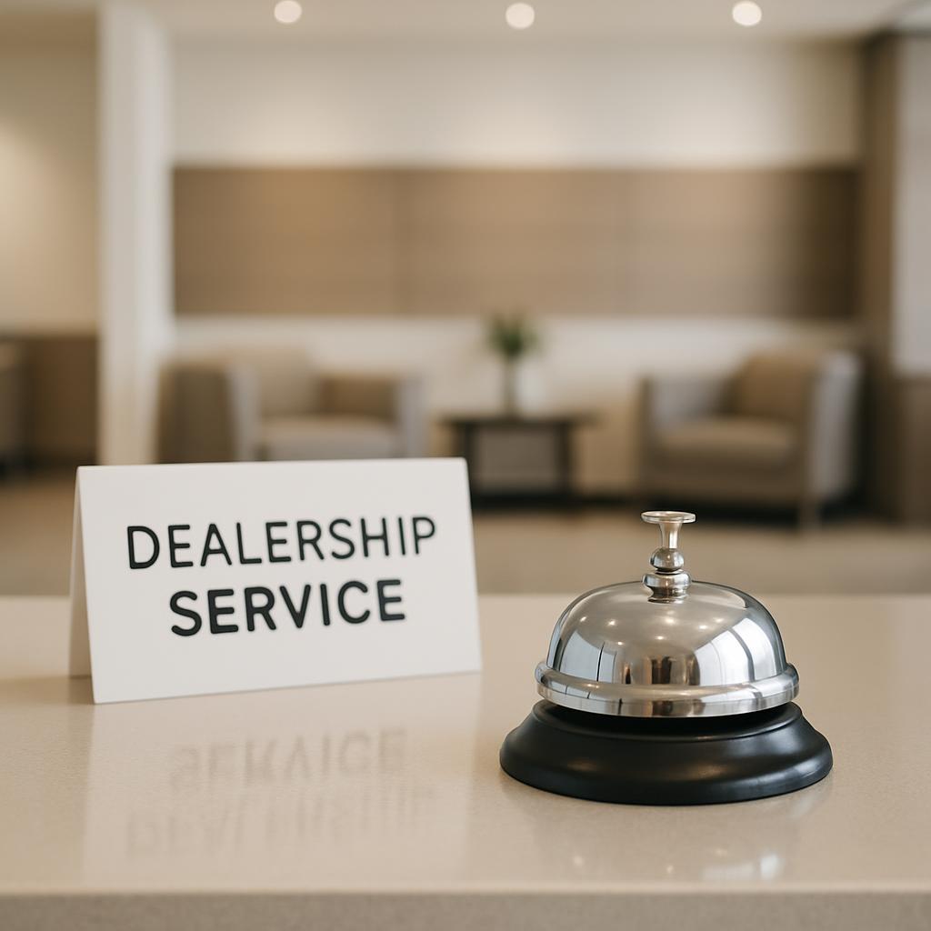 A sleek silver bell on a white counter in a dealership service waiting room is displayed gently in this photo. A small whi...