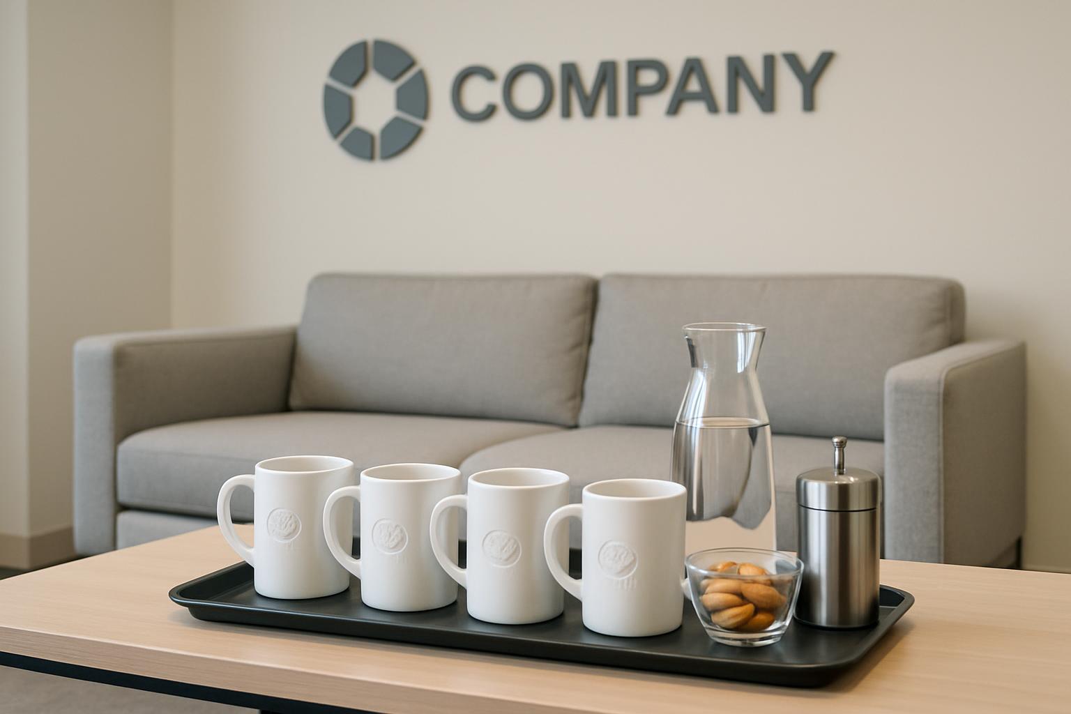 A waiting room or office space with a sign reading "Company" on the wall, featuring a gray couch, a set of four white coff...