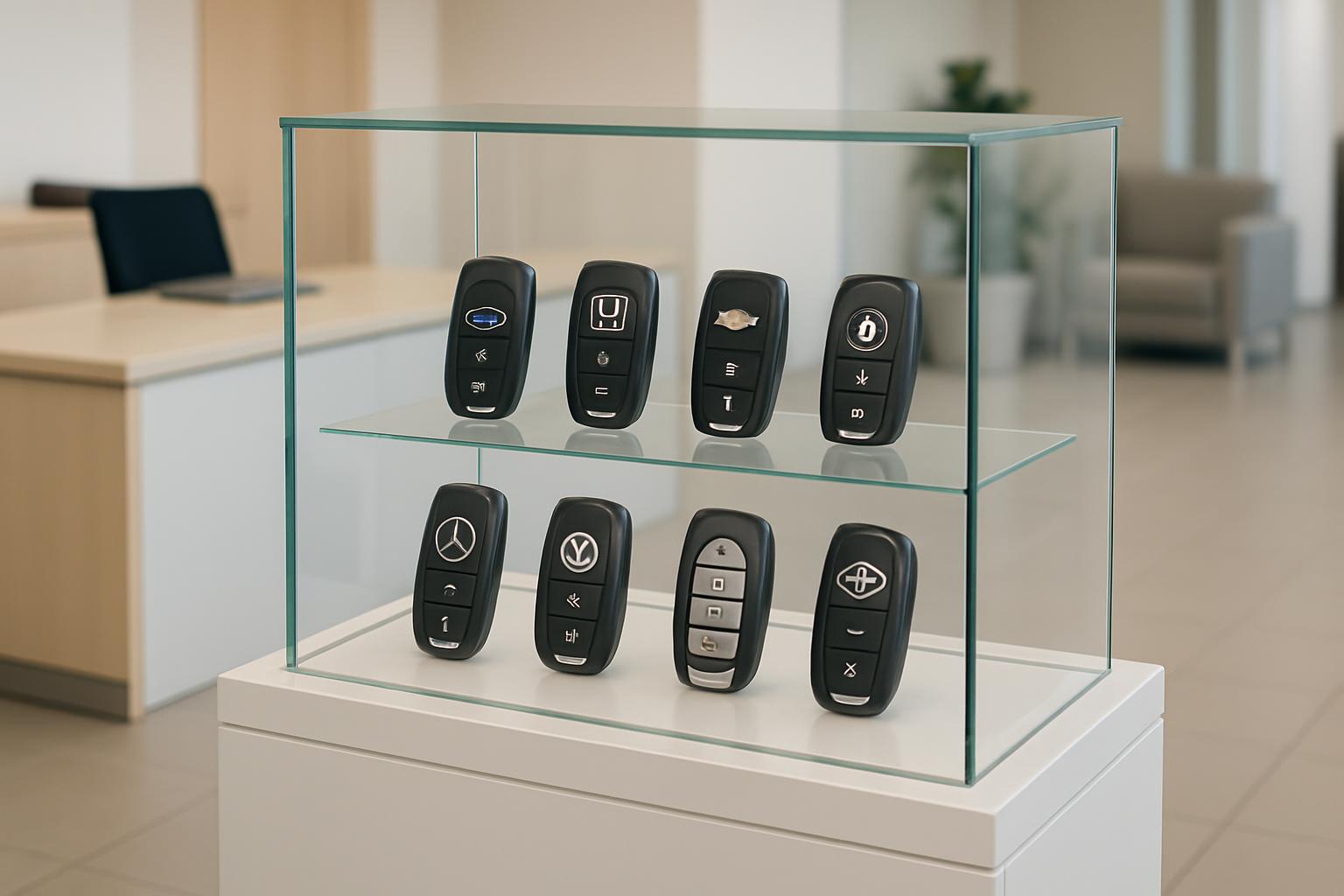 A display case filled with Mercedes Benz car keys.